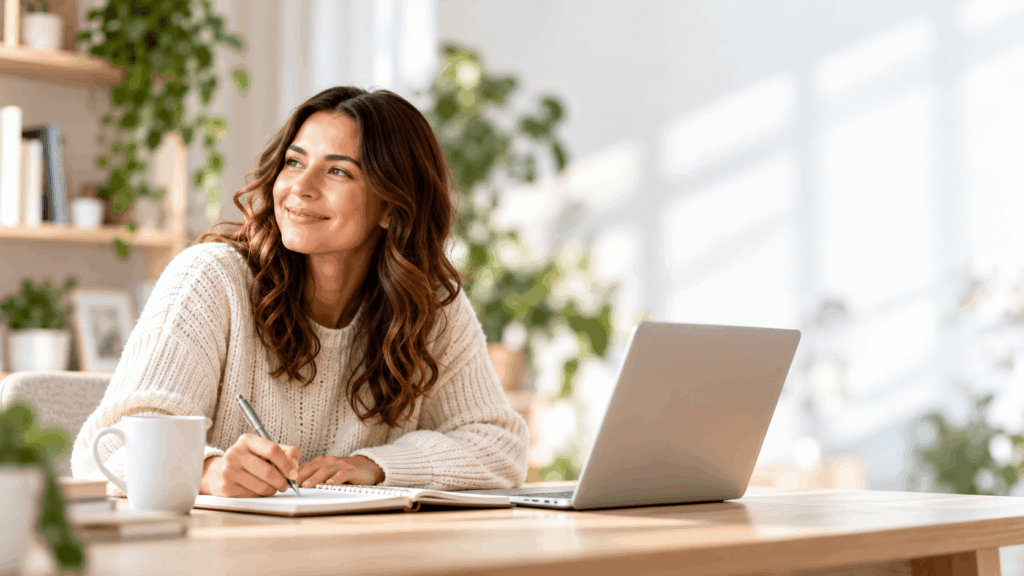 Femme écrivant dans un bureau lumineux (1)